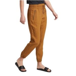 Athleta Cabo Linen Jogger Pants Women Size 2 Mustard Drawstring Zip Pockets